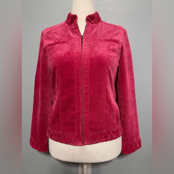 Chico’s Pink Corduroy Jacket Floral Embossed Artsy Quiet Luxury Size 0 Small - Picture 2 of 10
